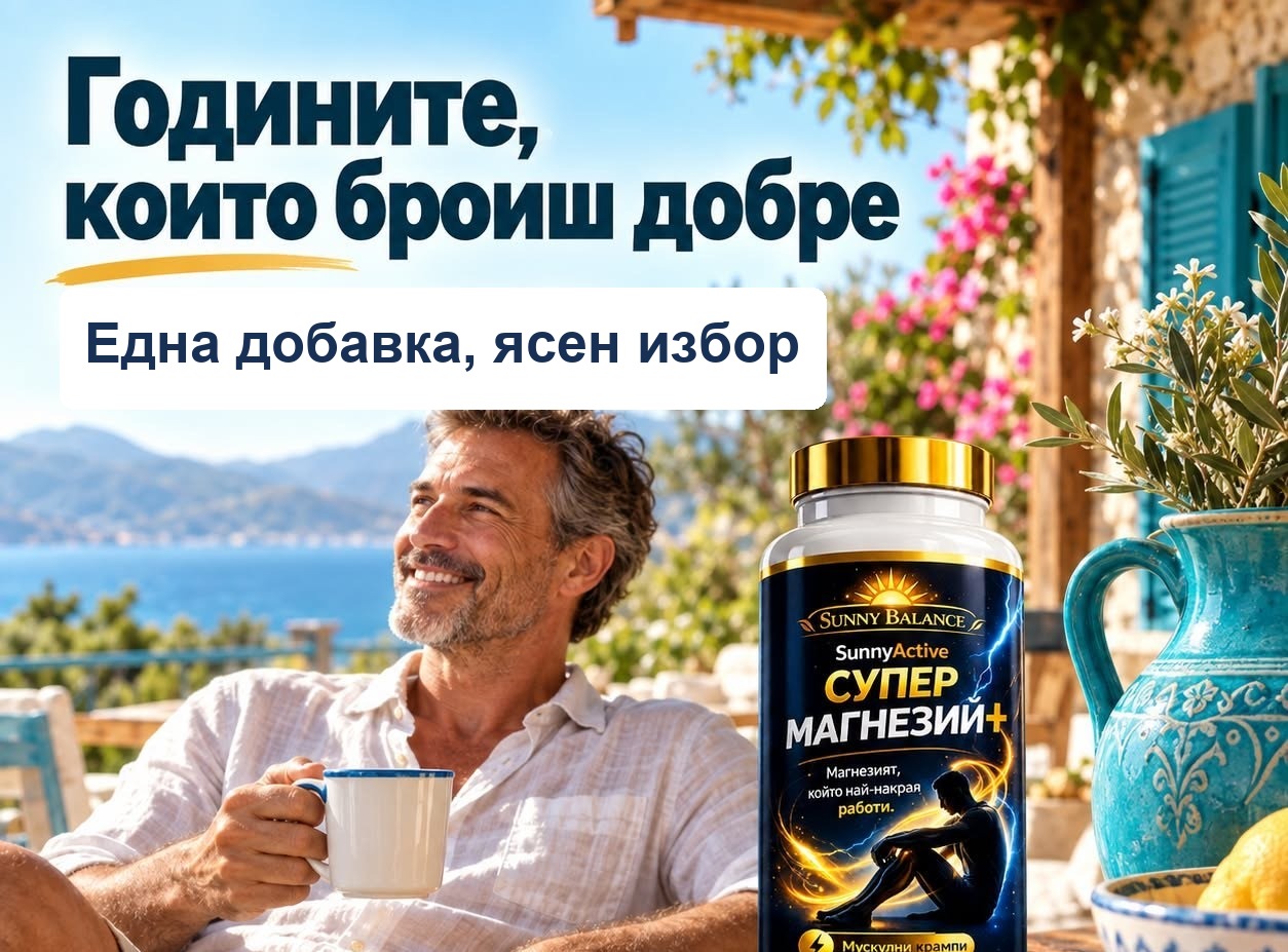 Супер Магнезий+ на масата, мъж с чаша кафе